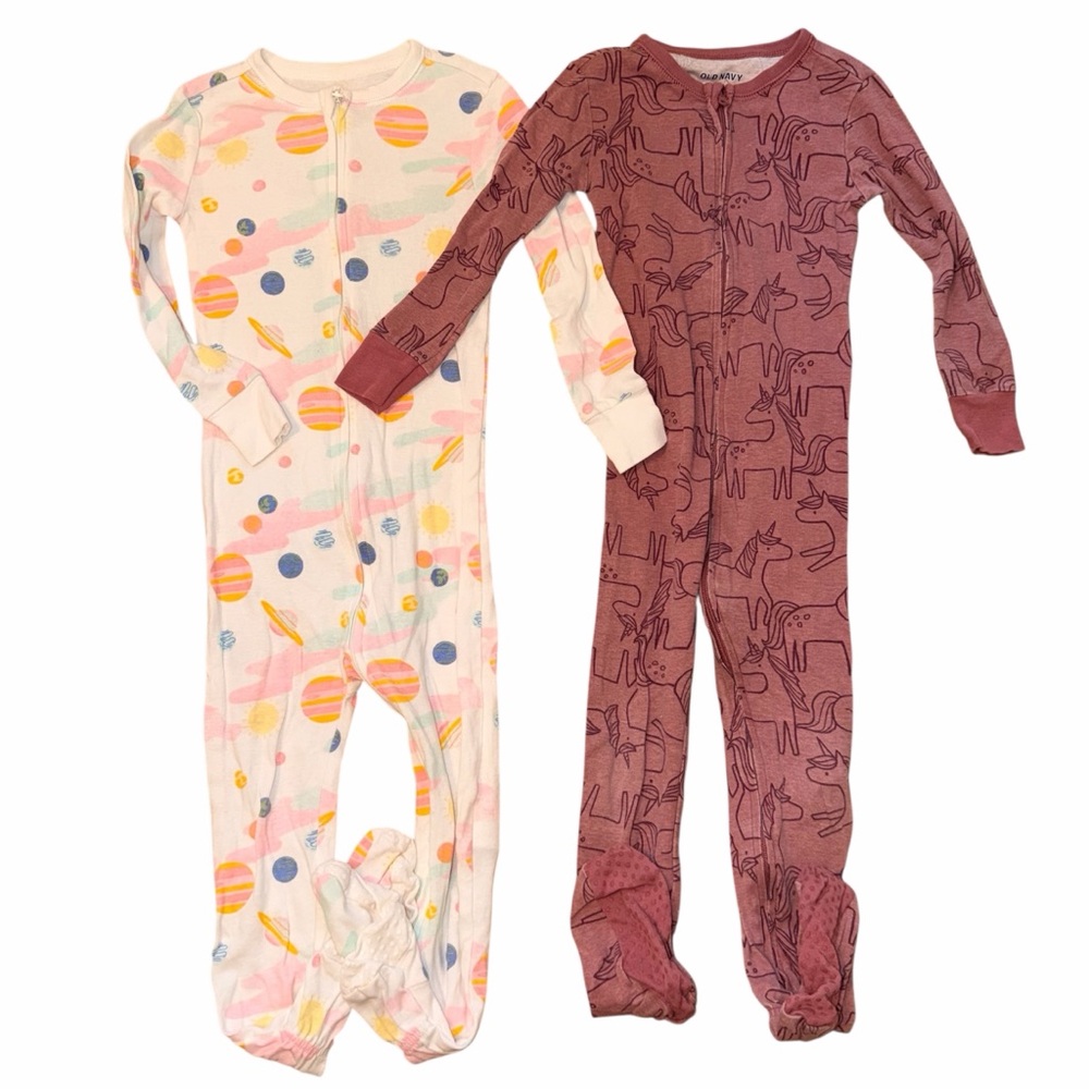 Old Navy Footed Pajama Bundle Pink Planet Dusty Rose Unicorn 3T